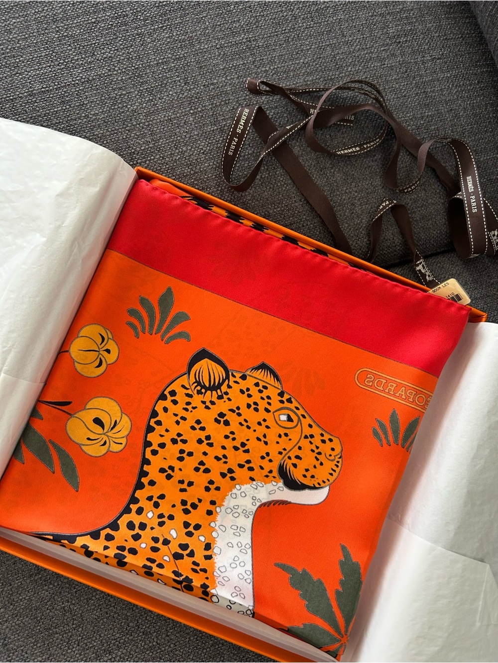 Hermes Orange and Red Leopard Silk Scarf
